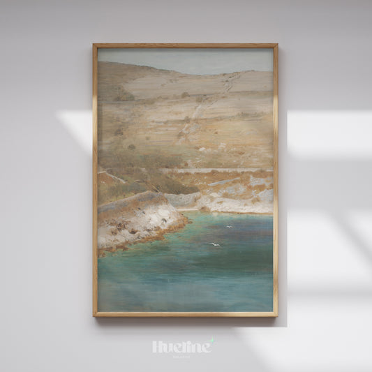 Vintage Mediterranean Coastal Oil Painting, Antique Sea Bay Wall Decor, Turquoise Ocean Poster - L1236