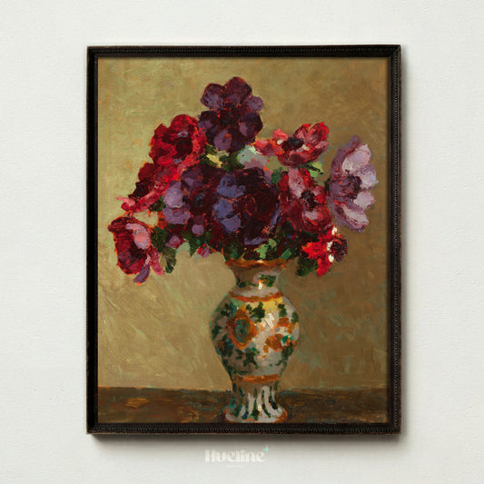 Vintage Floral Oil Painting, Moody Red Purple Bouquet Print, Still Life Wall Decor - L1186