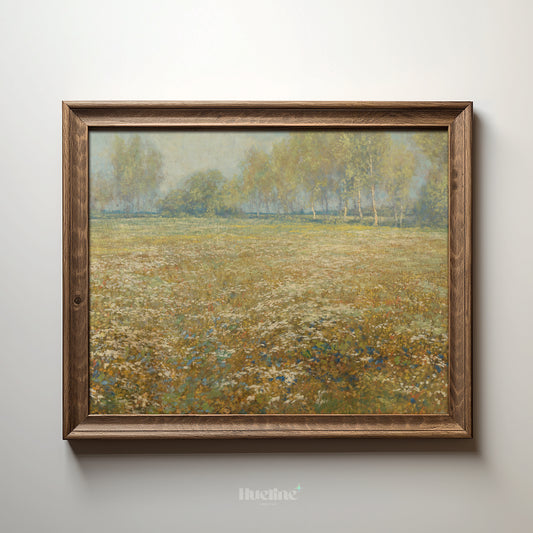 Vintage Meadow Landscape Art Print – Soft Wildflower Field and Trees – Rustic Country Wall Decor for Cottage or Farmhouse Interiors - L1044