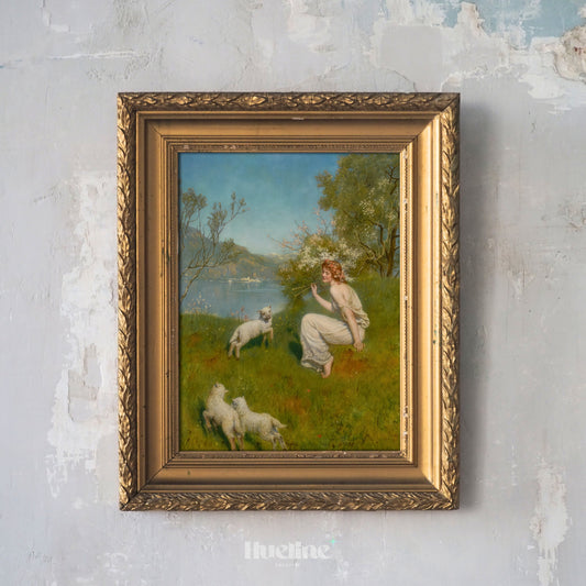 Vintage Pastoral Landscape, Woman with Lambs, Oil Painting Print, Country Home Decor - L1196