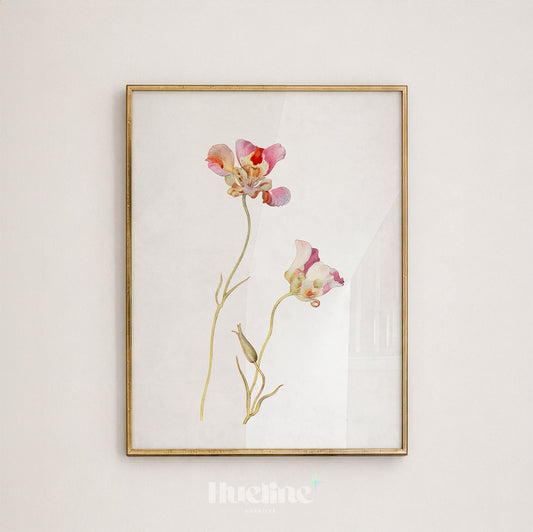 Vintage Butterfly Tulip Botanical Watercolor, Antique Pink Blossom Wall Decor, Minimalist Poster - L1244