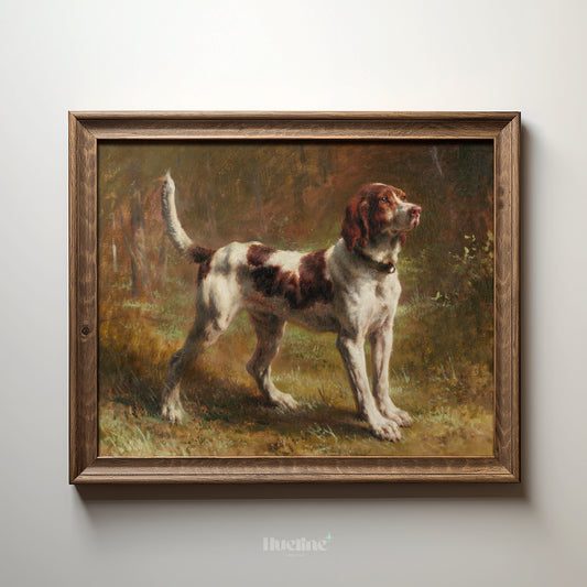 Classic Hunting Dog Oil Painting Print – Vintage Style Animal Portrait in Ornate Gold Frame, Country Home Wall Art - L1103