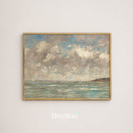 Vintage Impressionist Seascape Oil Painting, Cloudy Sky Ocean Wall Decor, Coastal Beach Poster - L1237