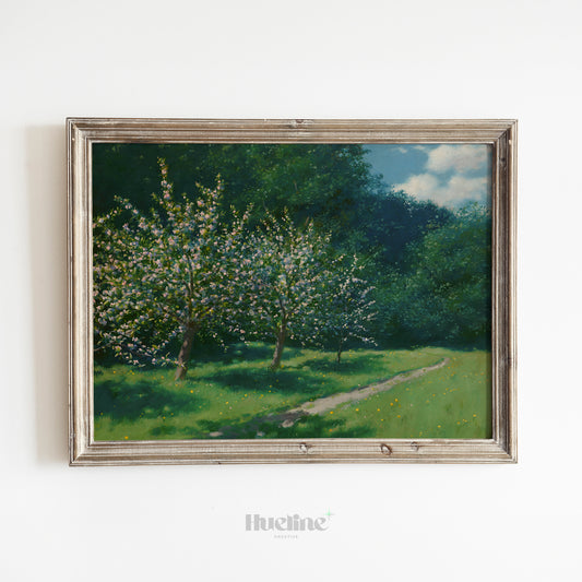 Spring Orchard Landscape Print – Peaceful Blooming Tree Pathway Wall Art – Vintage Nature Scene for Country Cottage Decor – Gift for Garden Lovers - L1071