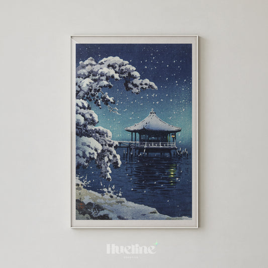 Vintage Japanese Snowy Night Woodblock Illustration, Ukimido Temple Pavilion Wall Decor Poster - L1251