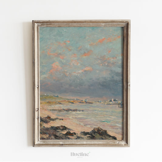Stormy Coastal Landscape Print, Moody Sky Beach Wall Art, Vintage Seaside Painting Poster - L1086