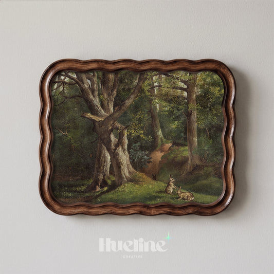 Vintage Forest Landscape Oil Painting, Cottagecore Wall Decor, Antique Rabbit Woodland Poster - L1232
