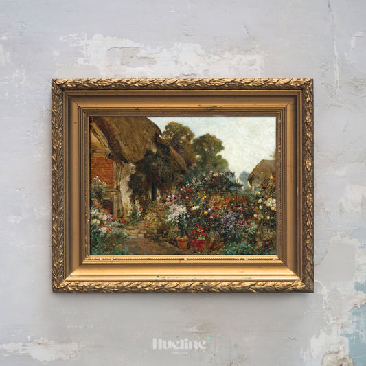 Antique Cottagecore Garden Art, Vintage Flower Meadow Painting, Rustic English Countryside Wall Decor - L1216