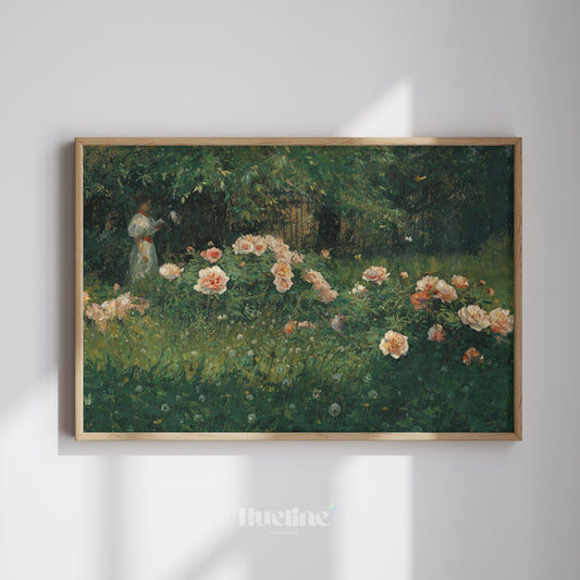 Vintage Impressionist Reading Woman, Floral Garden Oil Painting, Romantic Wall Art - L1211