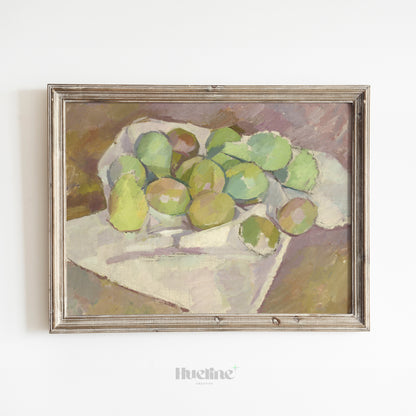 Vintage Still Life Fruit Painting Print – Green Apple & Pear Art for Kitchen or Dining Room – Artistic Gift for Art Lovers - L1066