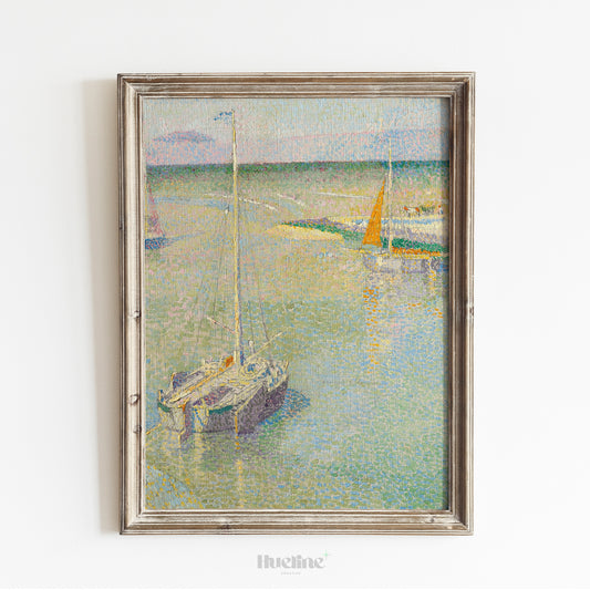 Pointillist Sailing Boat Art Print – Soft Pastel Coastal Scene with Tranquil Water – Impressionist Nautical Wall Decor for Calm Interiors - L1045