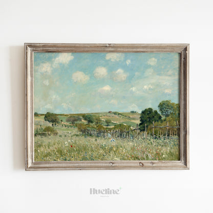 Vintage Country Landscape Wall Art Print – Peaceful Green Field with Blue Sky, Rural Nature Scene for Rustic Farmhouse Decor - L1075