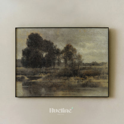 Moody Vintage Landscape Oil Painting, Tonalist Antique River Scene, Dark Neutral Wall Art - L1213