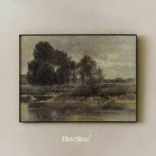Moody Vintage Landscape Oil Painting, Tonalist Antique River Scene, Dark Neutral Wall Art - L1213