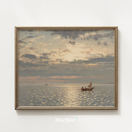 Moody Vintage Seascape, Sailboat Sunset Oil Painting, Coastal Wall Art, Antique Sea Print - L1214