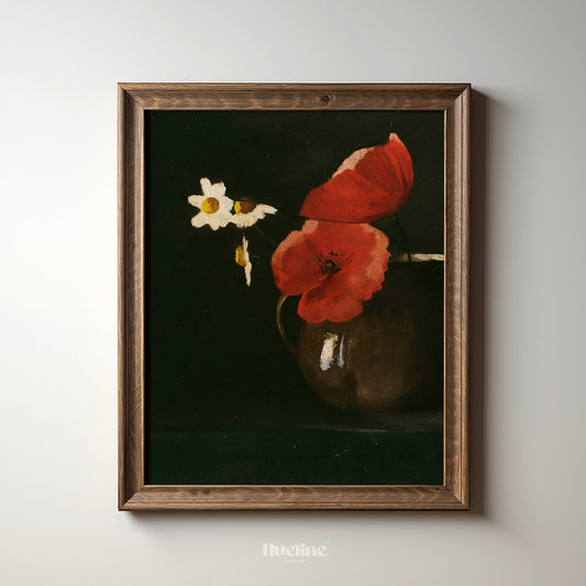 Vintage Red Poppy and Daisy Still Life Print, Dark Floral Wall Art, Moody Botanical Poster - L1083