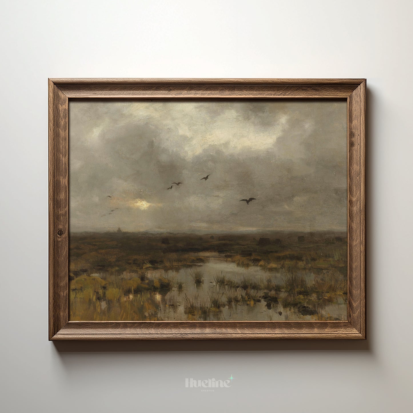 Moody Marshland Landscape Art Print – Dark Vintage Nature Scene with Birds and Overcast Sky – Atmospheric Wall Decor for Rustic or Minimal Interiors - L1054