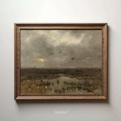 Moody Marshland Landscape Art Print – Dark Vintage Nature Scene with Birds and Overcast Sky – Atmospheric Wall Decor for Rustic or Minimal Interiors - L1054