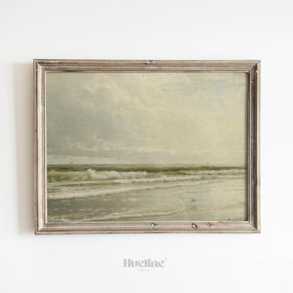 Vintage Ocean Shoreline Print, Calm Coastal Wall Art, Neutral Beach Seascape Painting - L1090