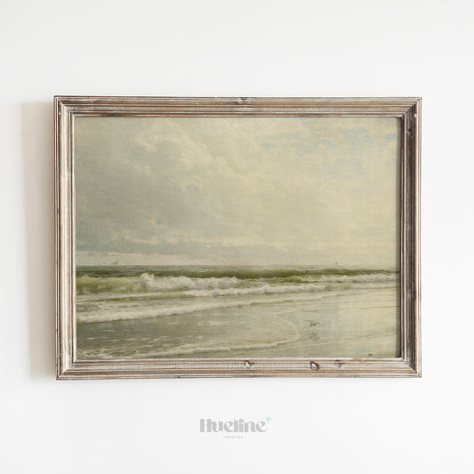 Vintage Ocean Shoreline Print, Calm Coastal Wall Art, Neutral Beach Seascape Painting - L1090