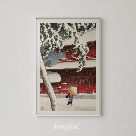 Vintage Japanese Woodblock Zojoji Temple Snow Landscape, Red Pagoda Wall Decor Poster - L1252