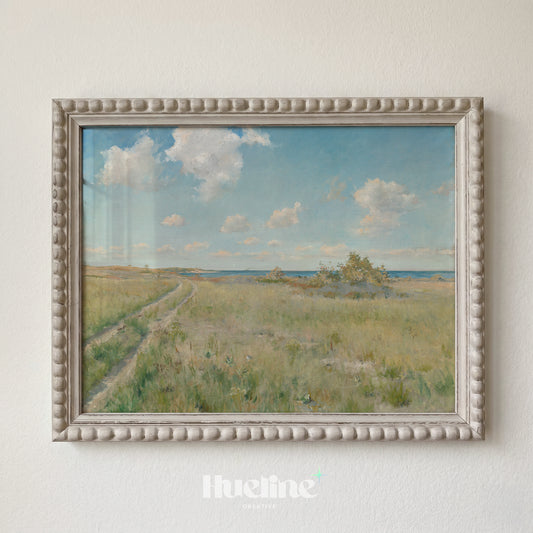 Vintage Coastal Landscape Oil Painting, Antique Meadow Path Wall Decor, Summer Beach Poster - L1234
