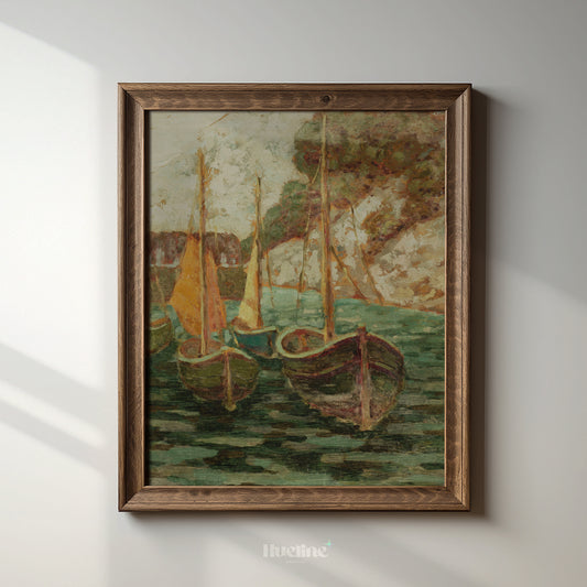 Vintage Sailboat Harbor Print, Antique Moody Green Nautical Painting, Rustic Coastal Boat Wall Art Decor - L1168