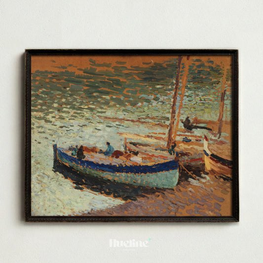 Vintage Fishing Boats Coastal Wall Art, Impressionist Beach Painting - L1175