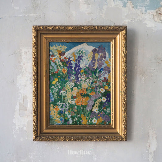 Colorful Wildflower Field Art Print – Bold Floral Painting with Mountain Backdrop – Vibrant Wall Decor for Nature and Garden Lovers - L1061