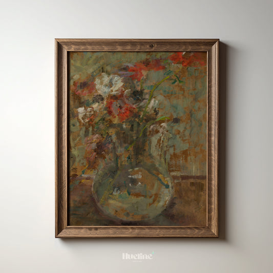 Rustic Impressionist Floral Vase Print – Vintage-Inspired Moody Still Life Wall Art - L1081