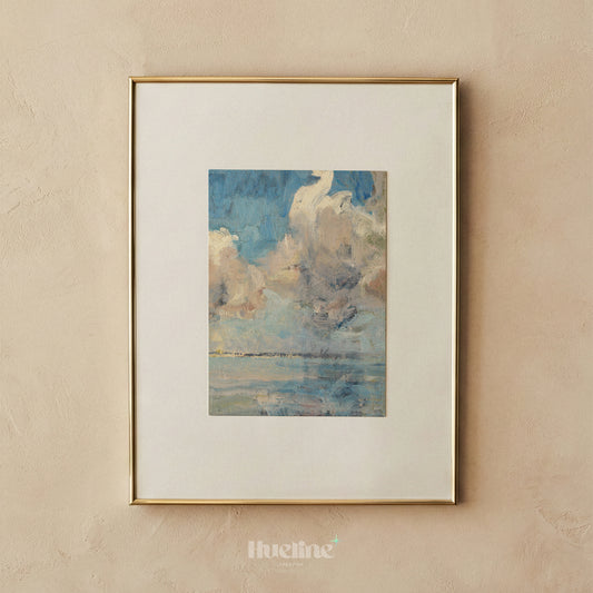 Abstract Cloudscape Painting, Moody Sky and Sea Art Print, Blue Beige Horizon Poster - L1172