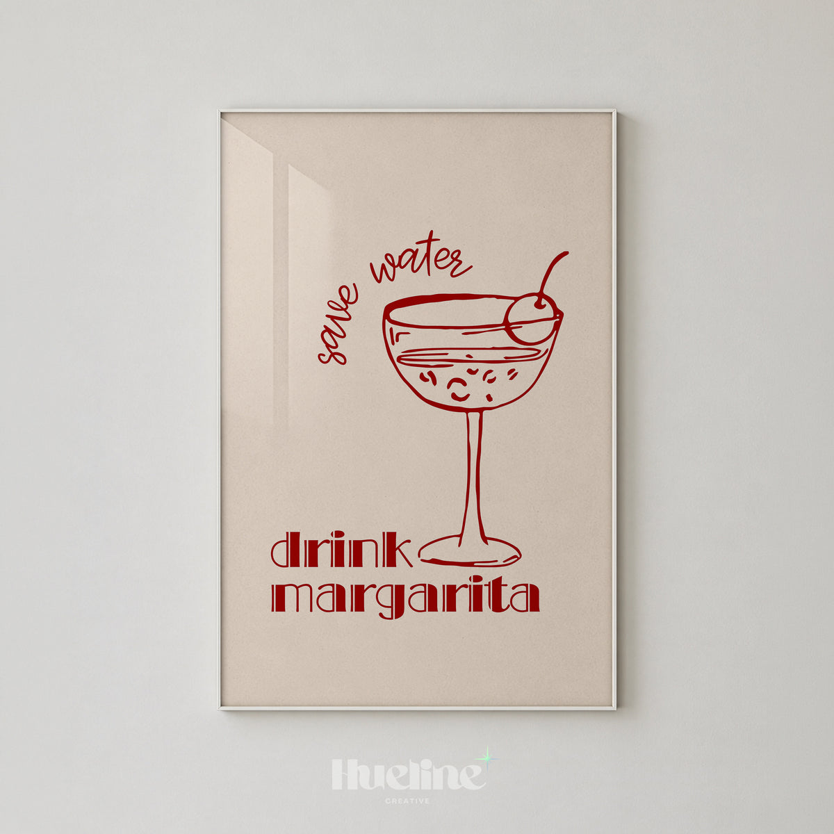 Save Water Drink Margarita Print, Red Cocktail Wall Art, Bar Cart Kitchen Decor - L1278
