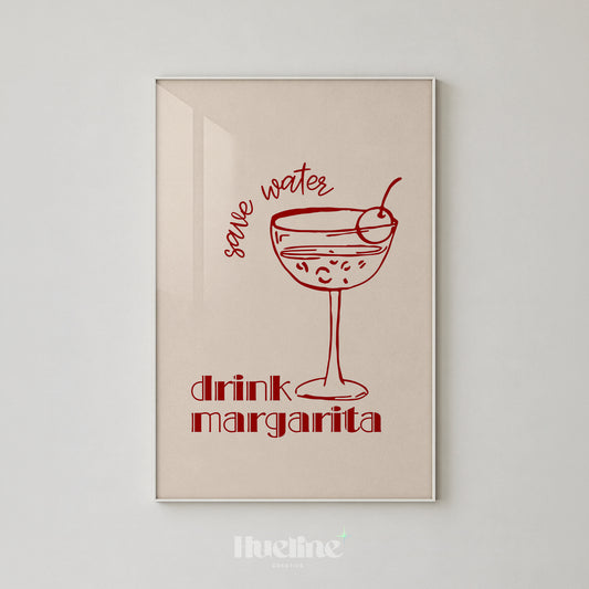 Save Water Drink Margarita Print, Red Cocktail Wall Art, Bar Cart Kitchen Decor - L1278