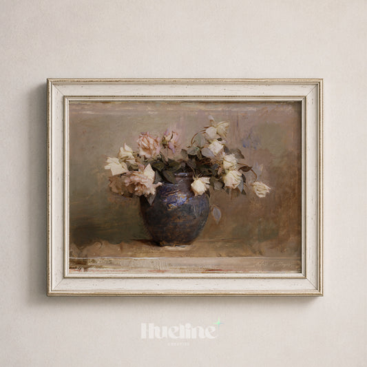 Vintage White Roses Oil Painting, Cottagecore Floral Poster, Farmhouse Still Life Art Print - L1259