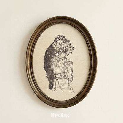 Vintage Romantic Embrace Sketch, Couple Wall Art, Antique Style Monochrome Poster - L1190