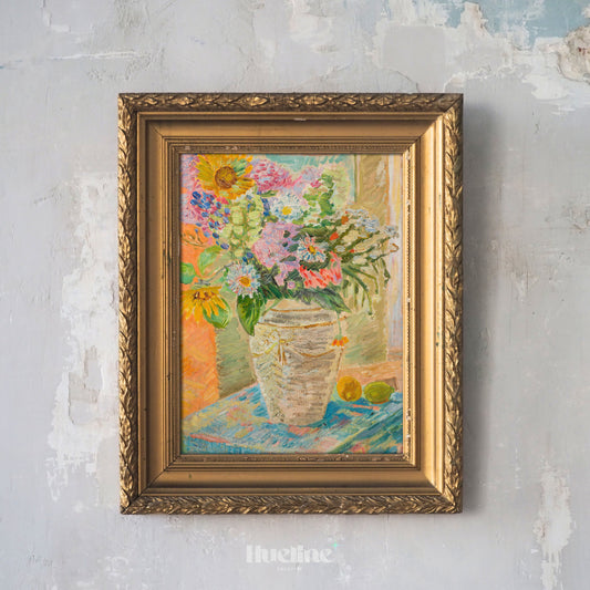 Maximalist Floral Wall Art, Eclectic Still Life Print, Colorful Sunflower Painting - L1161