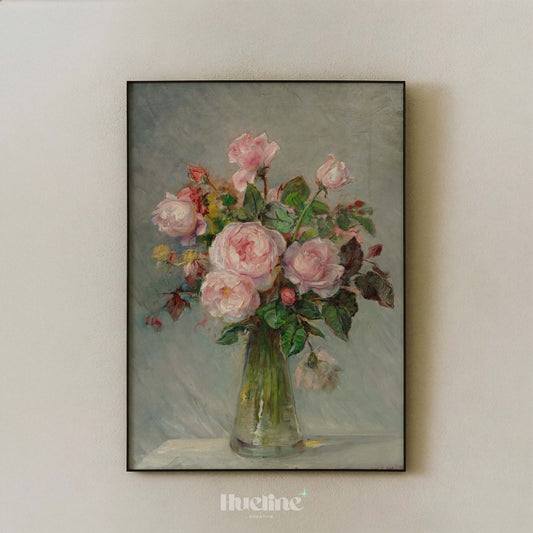 Vintage Pink Roses Oil Painting, Cottagecore Floral Poster, Farmhouse Still Life Art Print - L1260