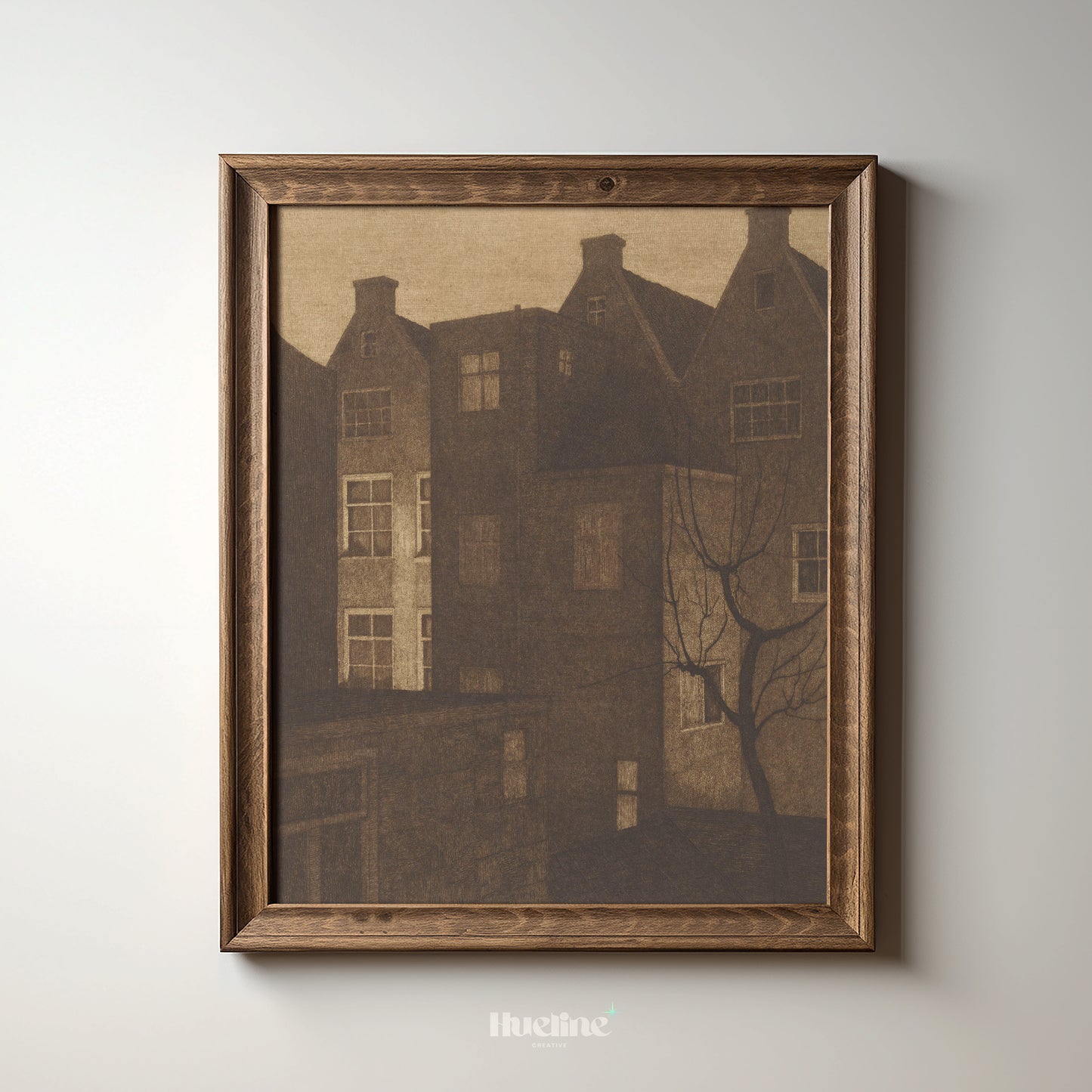 Sepia Cityscape Art Print – Moody Urban Architecture with Tree Silhouette – Minimalist Vintage Wall Decor for Modern Interiors - L1056