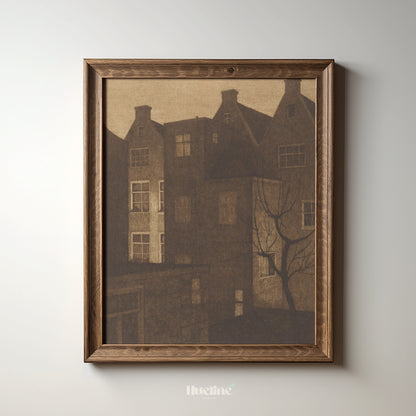 Sepia Cityscape Art Print – Moody Urban Architecture with Tree Silhouette – Minimalist Vintage Wall Decor for Modern Interiors - L1056
