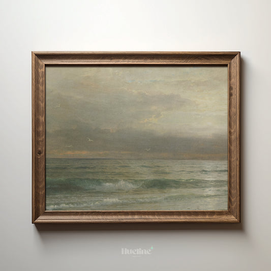 Vintage Ocean Horizon Print, Tranquil Seascape Wall Art, Moody Coastal Painting Poster - L1091