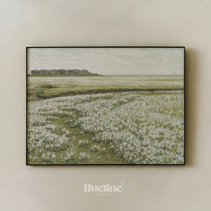 Rustic Oil Painting, White Flower Meadow, Remote Village and Sea View Poster - L1202