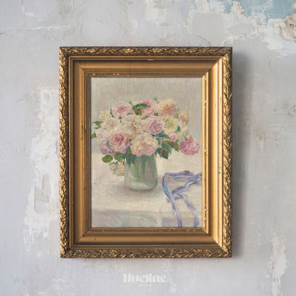 Vintage Floral Wall Art - Romantic Roses Painting - Shabby Chic Home Decor - Cottagecore Wall Hanging - Pastel Flower Artwork - L1030