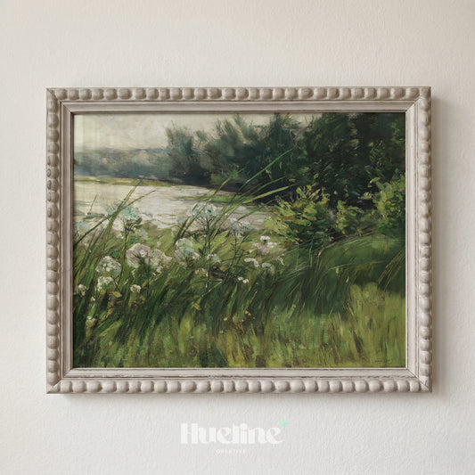 Vintage River Landscape Oil Painting, Cottagecore Countryside Meadow Poster, Farmhouse Wildflower Art Print - L1257