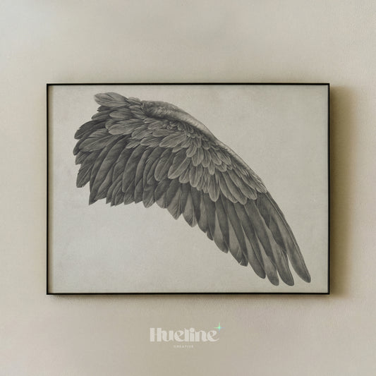 Vintage Left Angel Wing Sketch, Minimalist Bird Wing Art, Monochrome Pencil Drawing, Feather Wall Decor - L1198