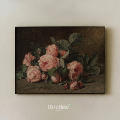 Vintage Pink Roses Oil Painting, Dark Moody Floral Still Life, Antique Wall Art - L1204