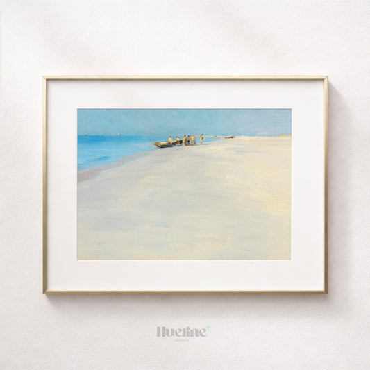 Vintage Coastal Fishermen Beach Print, Antique Blue Ocean Sandy Shore Painting, Bright Summer Seaside Decor - L1166