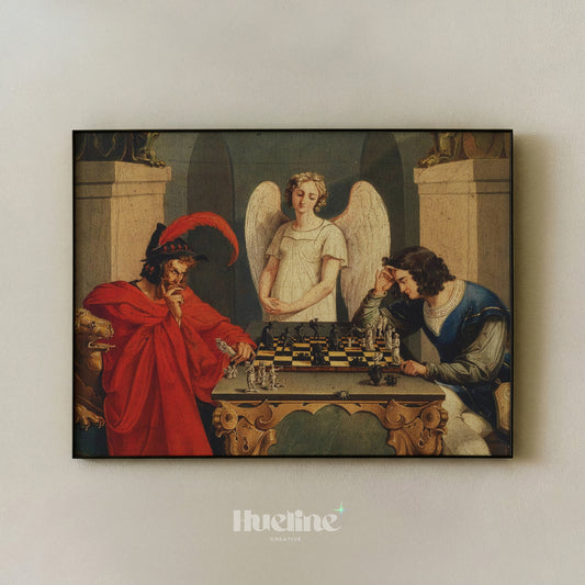 Chess Game with Devil Wall Art, Dark Academia Decor, Vintage Gothic Painting - L1221