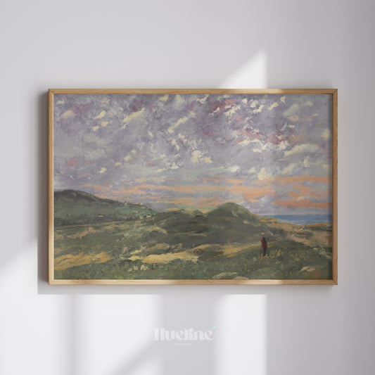 Impressionist Landscape Wall Art – Sunset Sky over Green Hills, Vintage Pastel Painting Print, Classic Home Decor - L1113