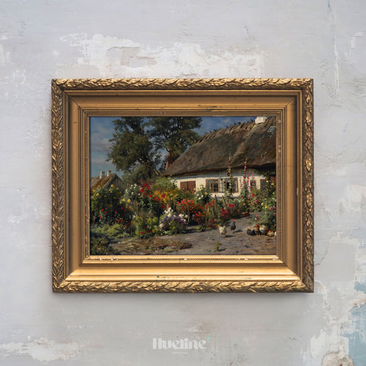 Vintage Cottage Garden Art Print – Floral Farmhouse Scene with Chickens and Thatch Roof House – Country Wall Decor for Rustic Interiors - L1046
