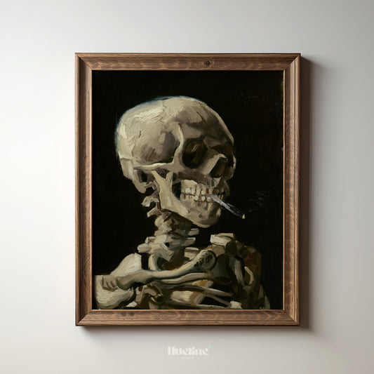 Vintage Skeleton Smoking Print, Dark Academia Wall Art, Skull Painting Poster for Gothic Decor - L1095